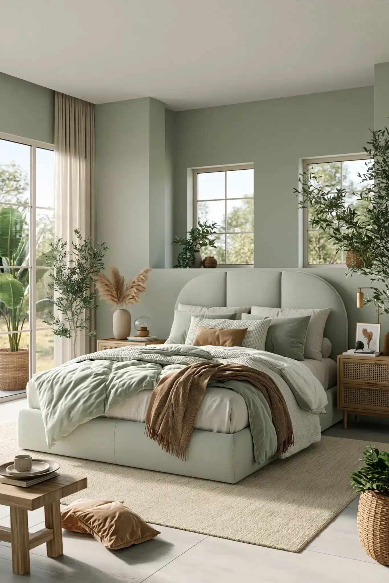Pebble-toned sage green and grey bedroom with rattan accents, pale furniture, and soft textures