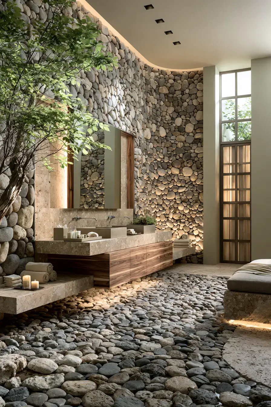 Natural stone bathroom with pebble flooring and spa-like details