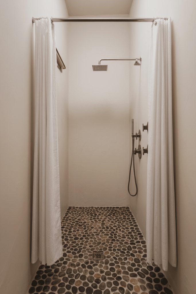 Walk-in shower with a pebble floor in a small bathroom.