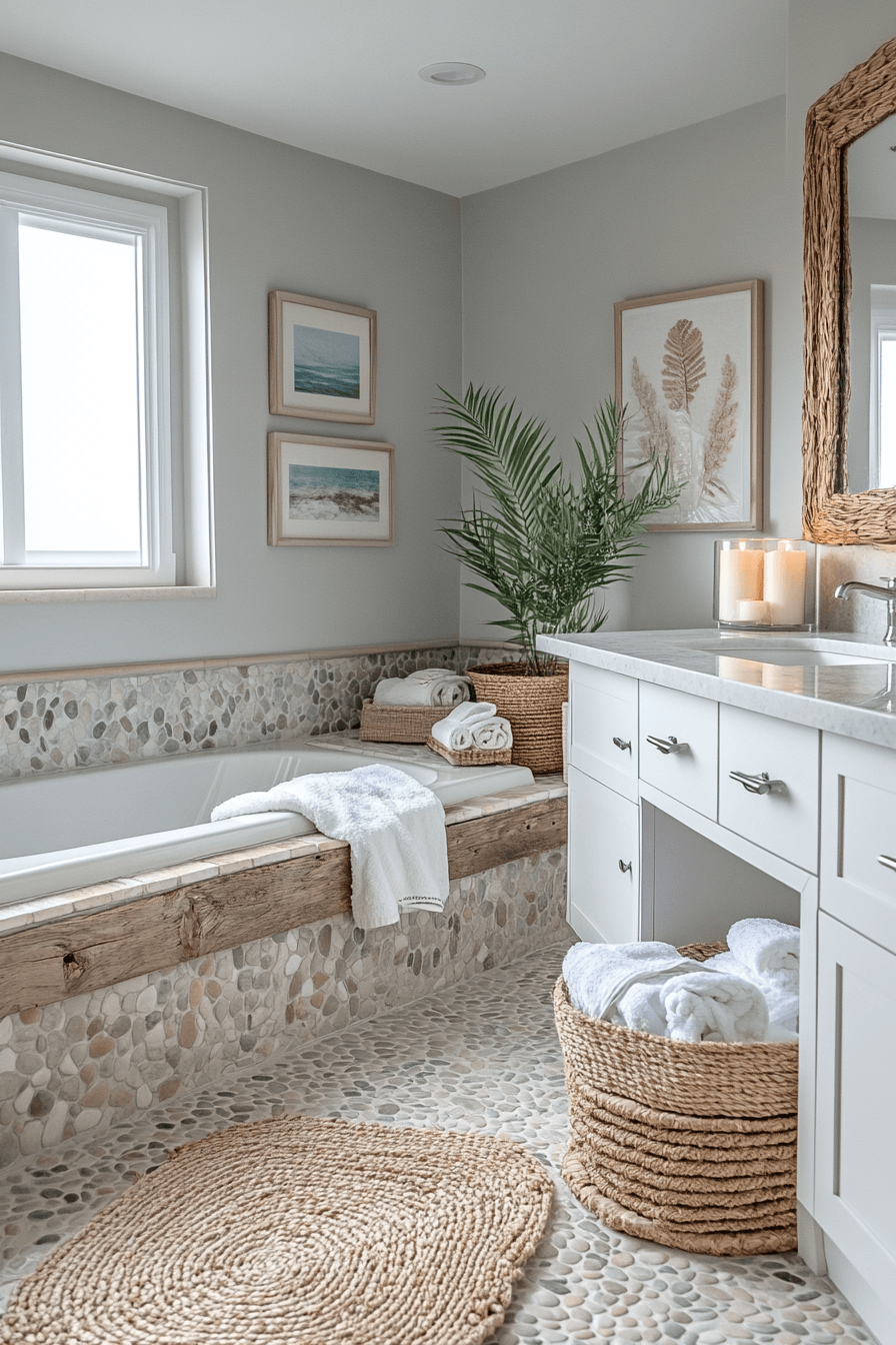 Ocean themed bathroom with pebble floor tiles, white subway tile, and teak accents