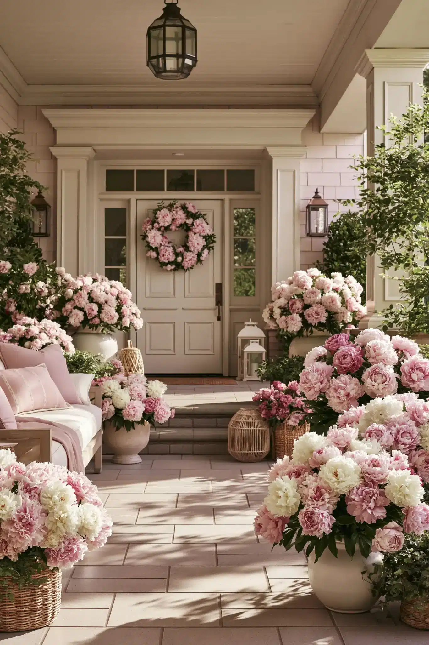 A romantic spring porch filled with peonies, soft floral colors, and neutral outdoor furniture.
