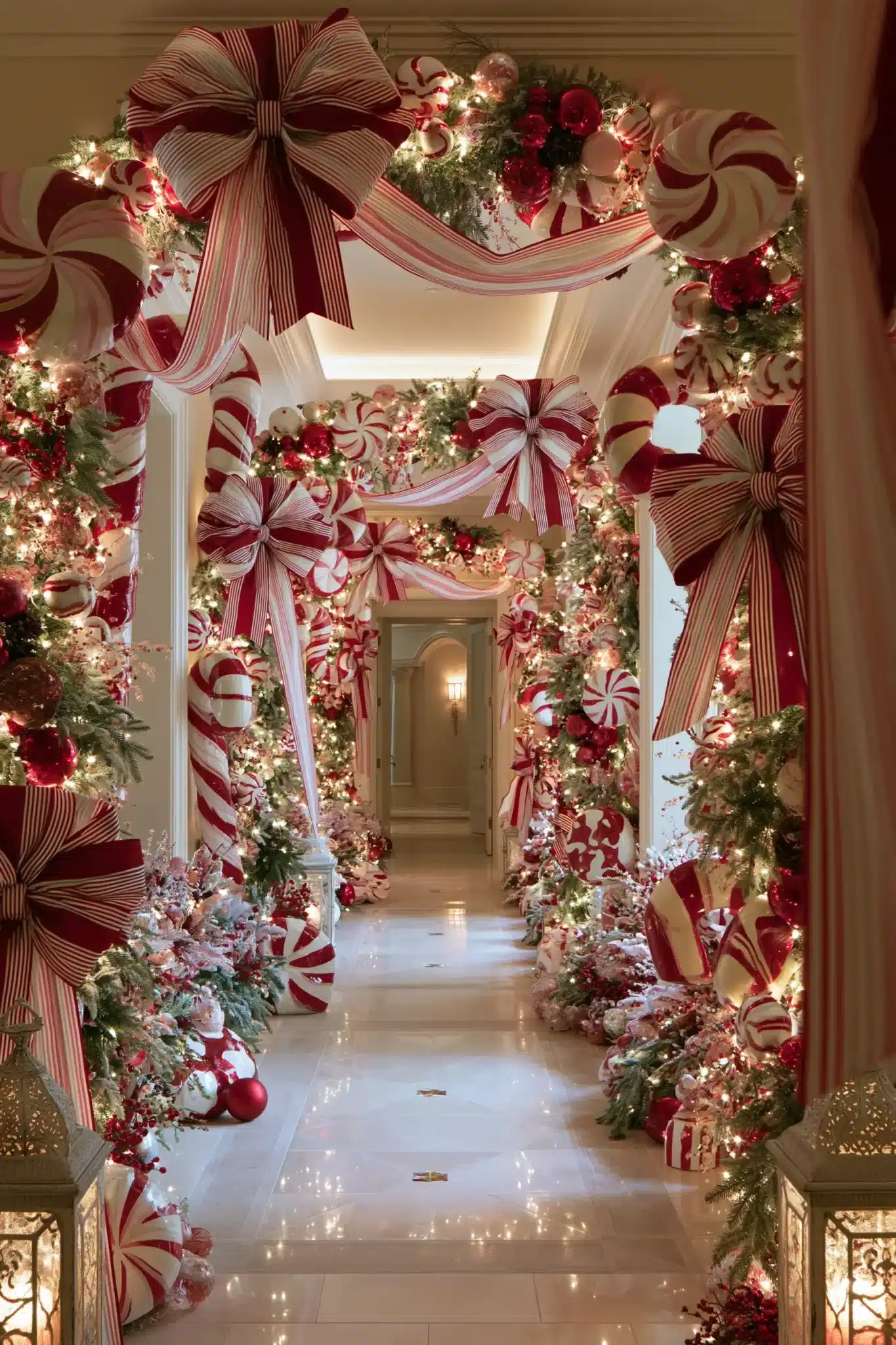 Bright peppermint-themed hallway with red and white decor and festive bows