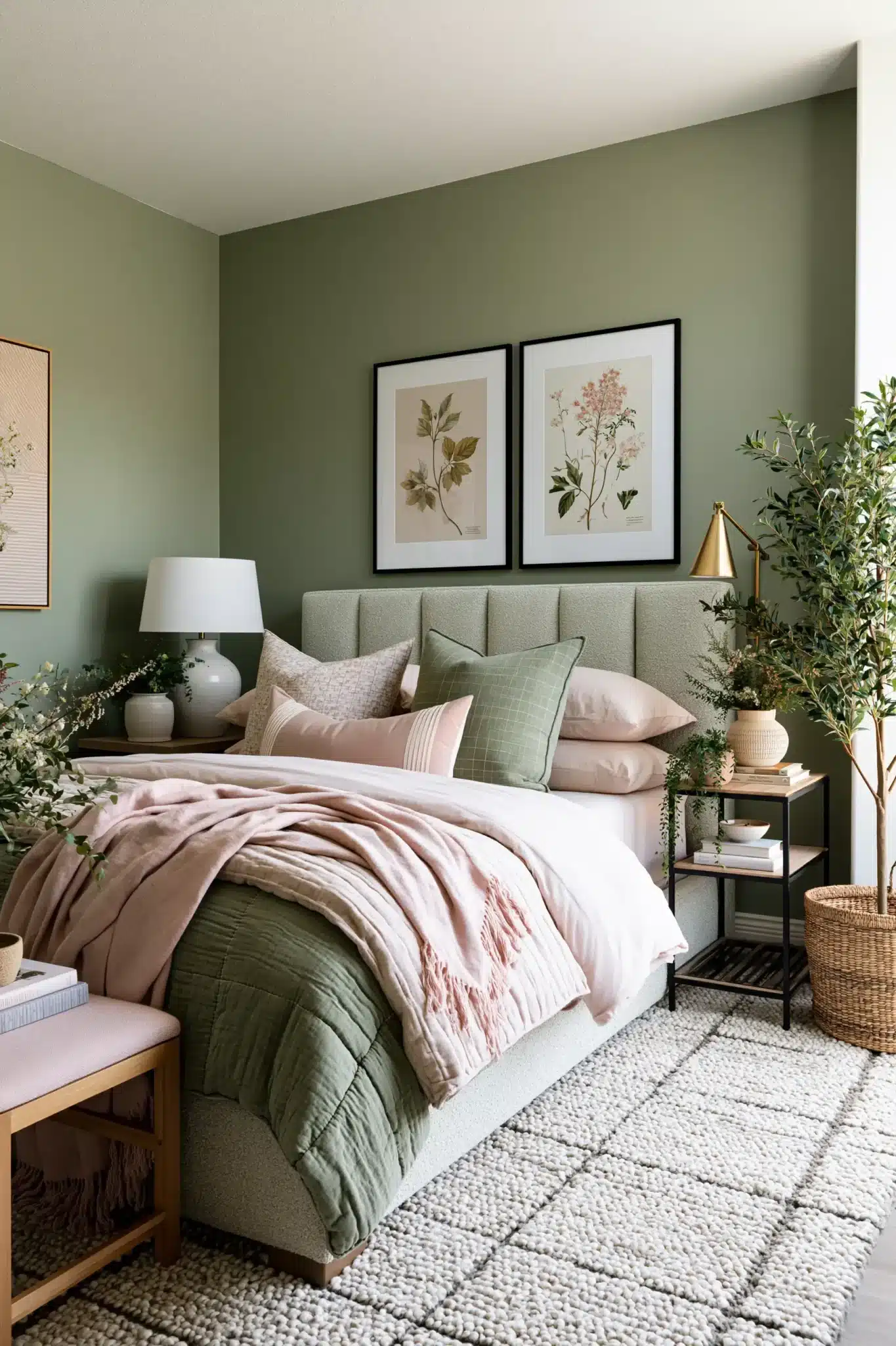 Sage green and blush bedroom with floral artwork, soft neutrals, and plush bedding.
