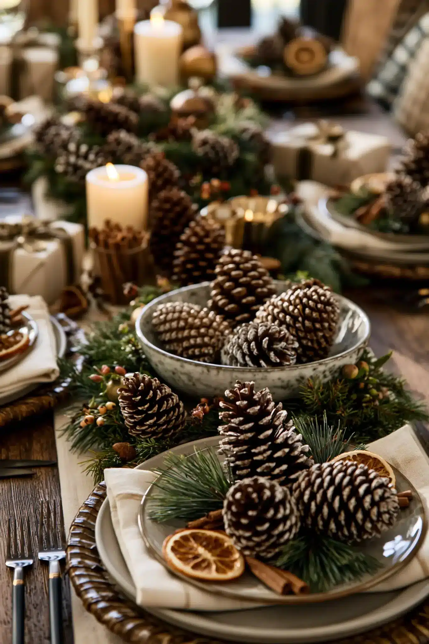 Traditional Christmas decor featuring pinecones in wreaths, bowls, and greenery.