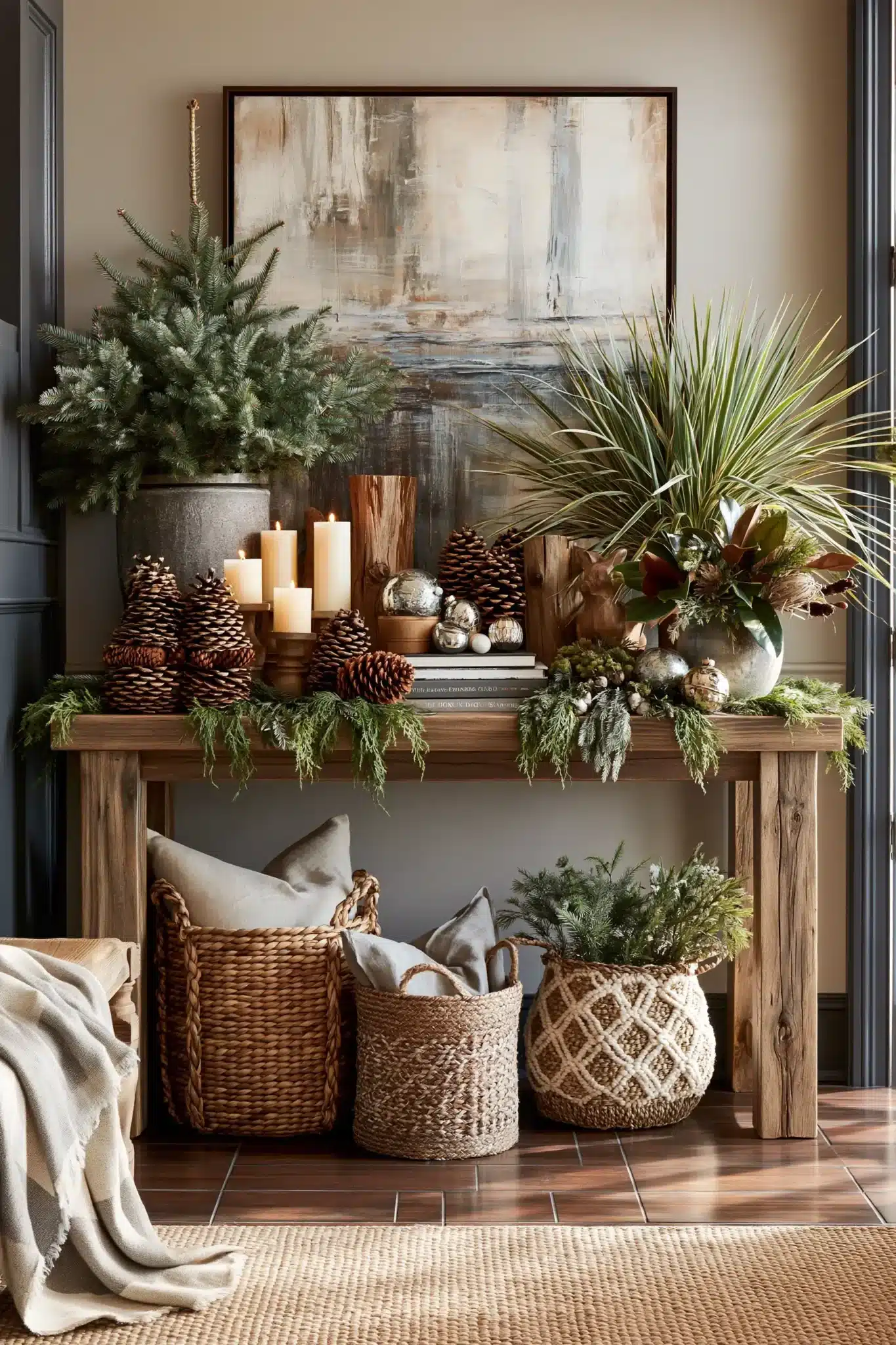 Rustic Christmas entryway table with pinecones, greenery, candles, and wooden accents