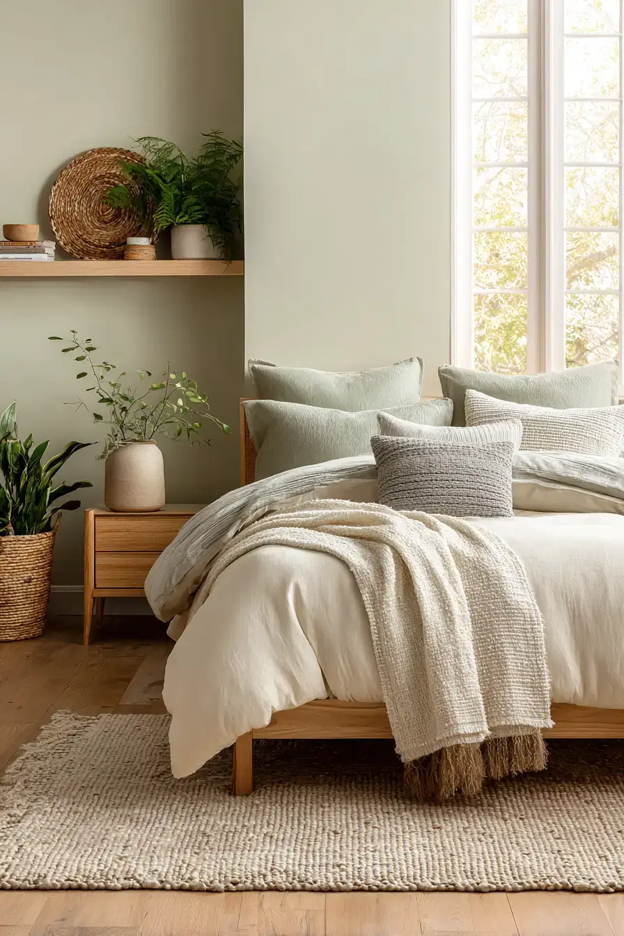 A pistachio green boho bedroom with creamy bedding and pale wood finishes