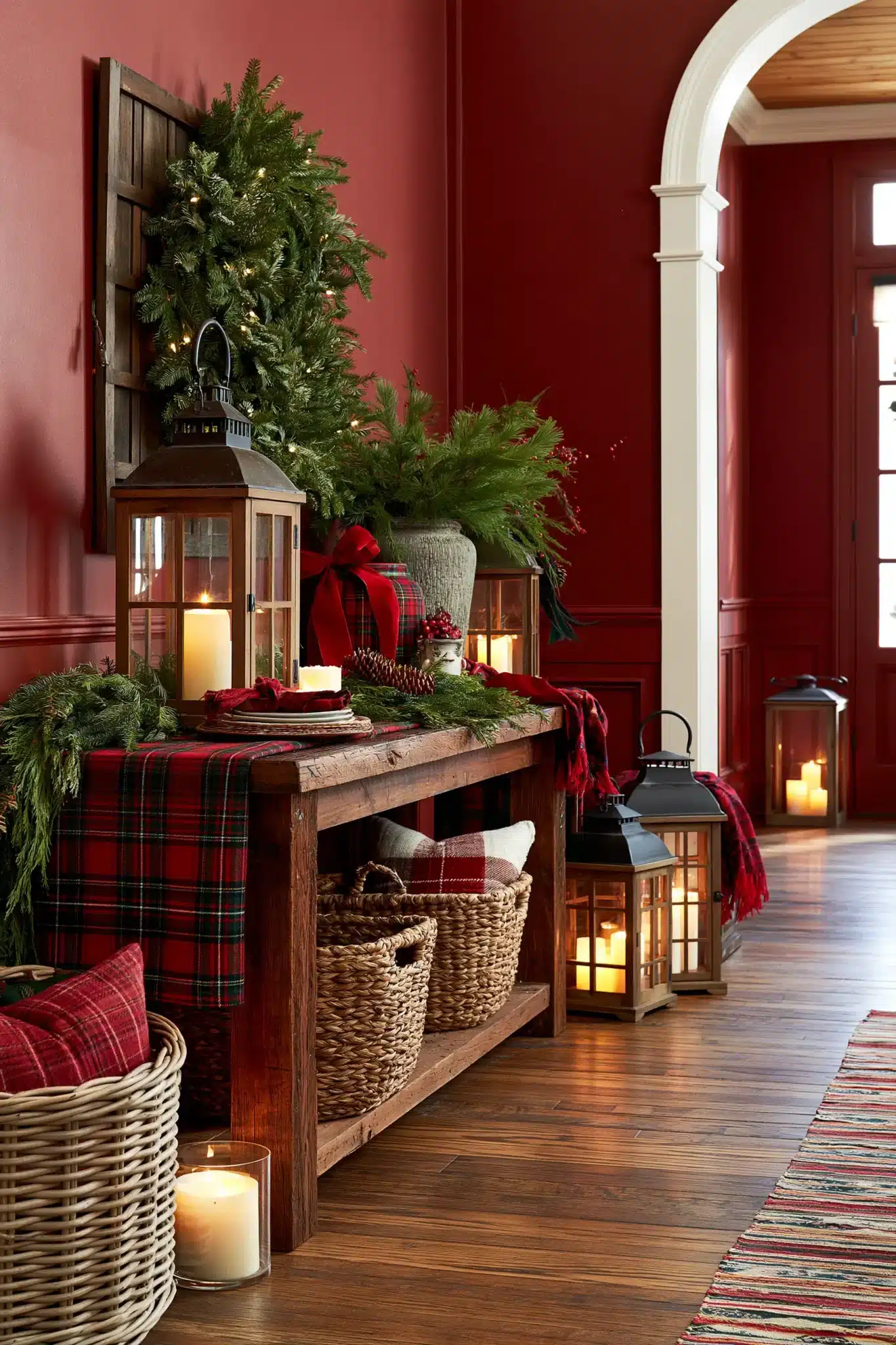 Plaid Christmas entryway table with cozy textiles, greenery, and rustic holiday accents