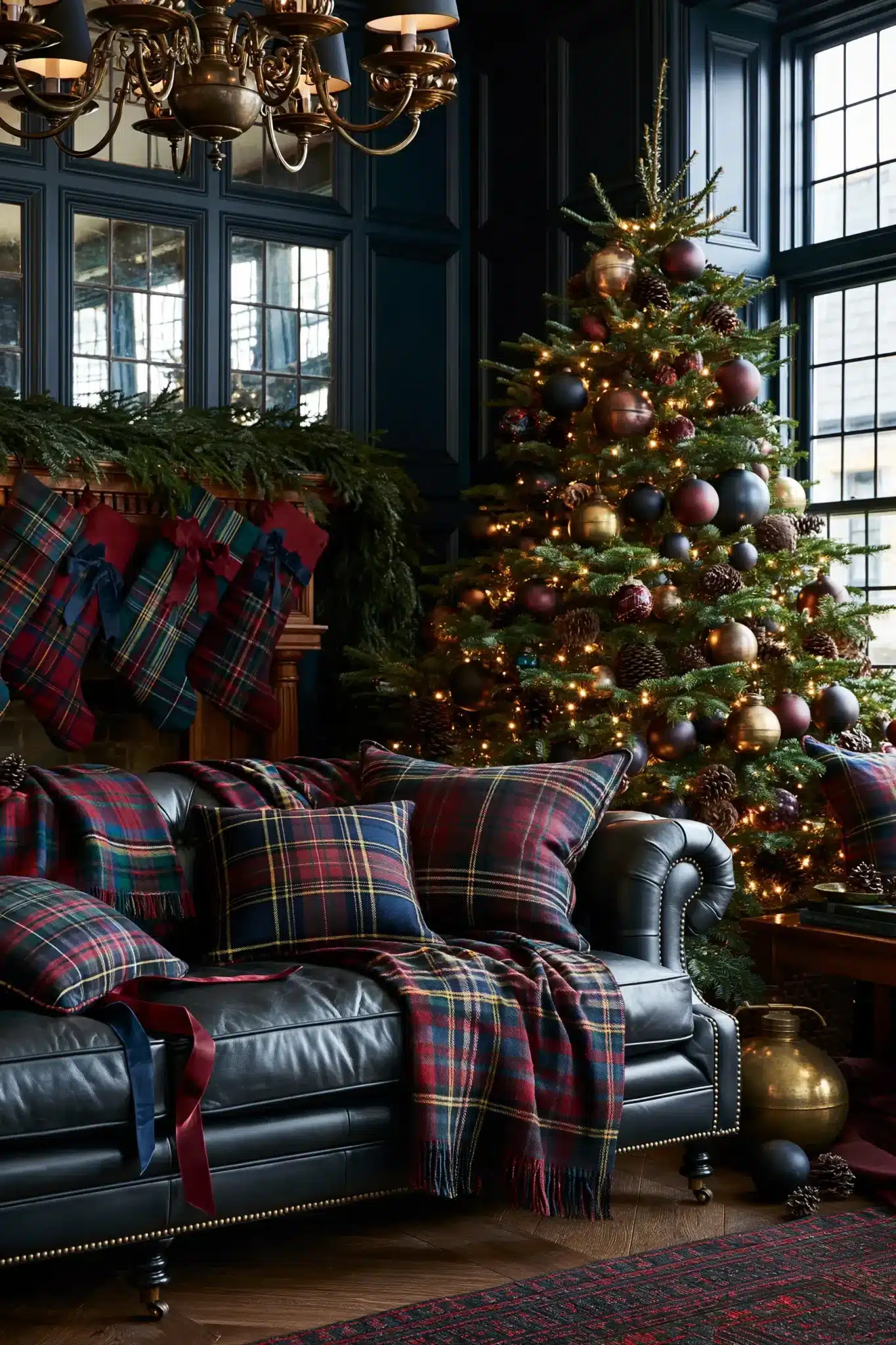 Moody Christmas decor featuring dark tartan plaid, deep greens, burgundy, and warm wood tones.