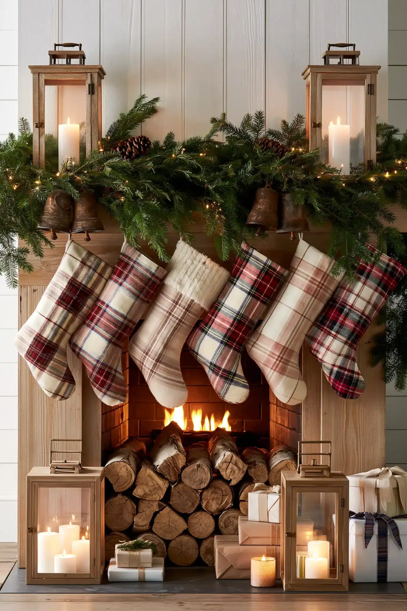 A cozy fireplace mantel styled with plaid stockings, greenery, and rustic holiday decor.