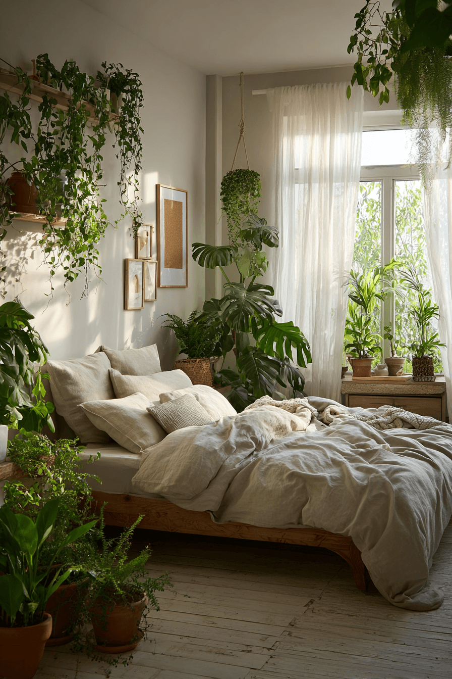 Bedroom filled with potted plants, hanging vines, and natural woven textures