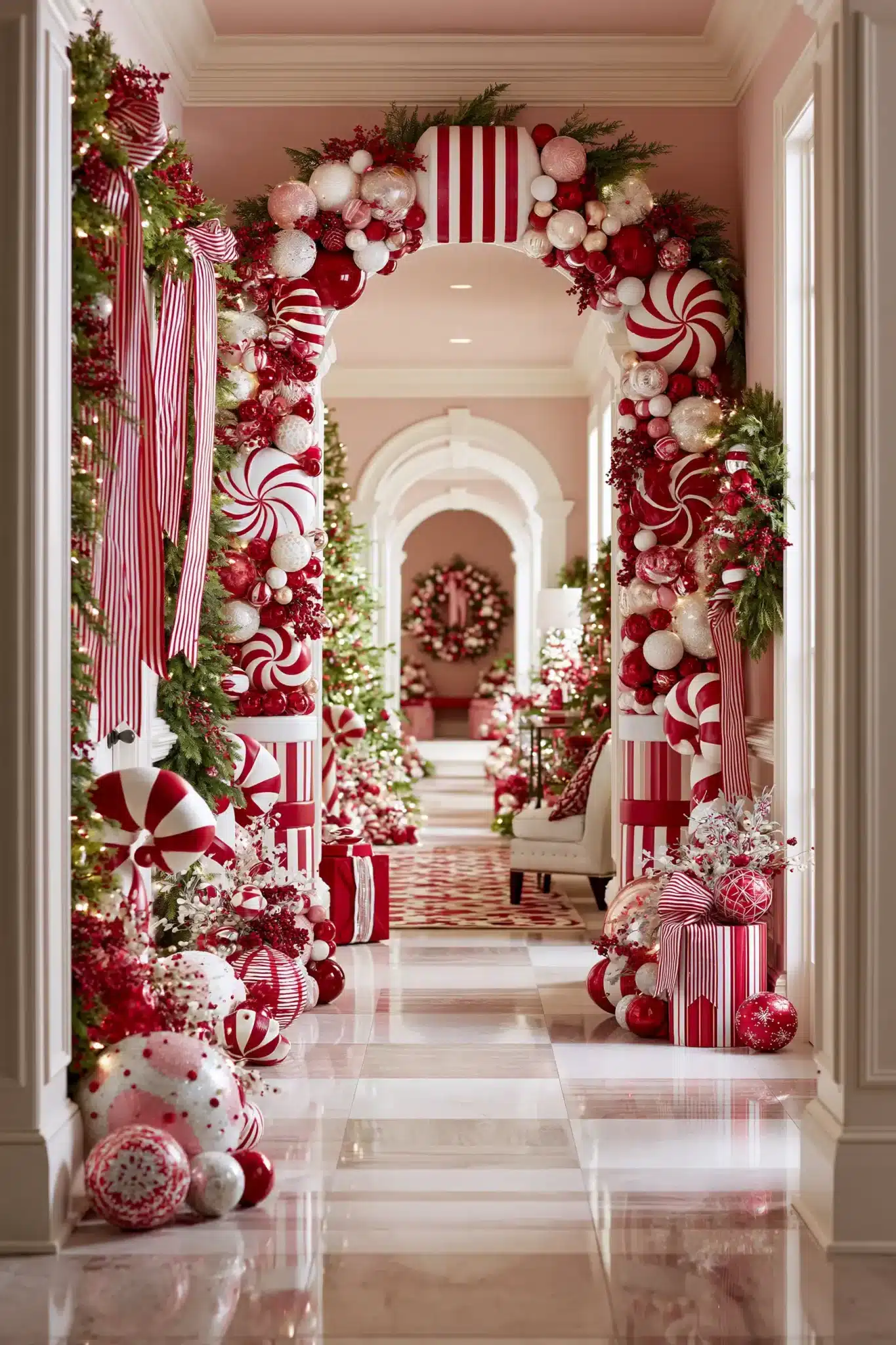 Hallway decorated with red and white candy cane Christmas accents and greenery