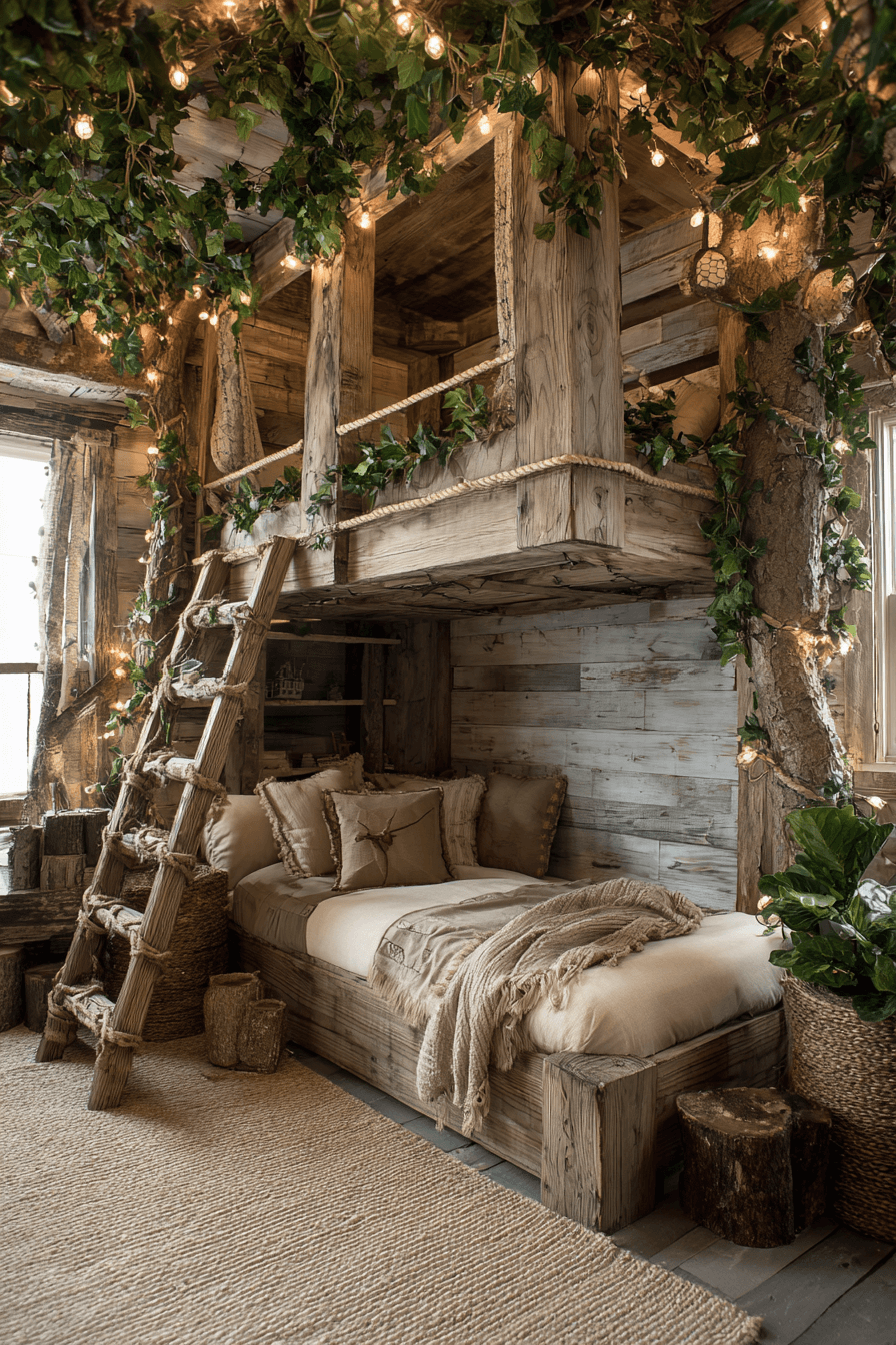 Playful treehouse-inspired bedroom with wood accents, string lights, and leafy decor