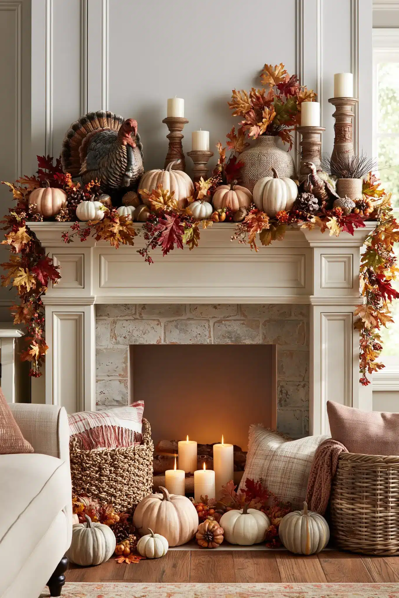 Whimsical Thanksgiving mantel with turkey figurines, colorful leaves, and pumpkins.