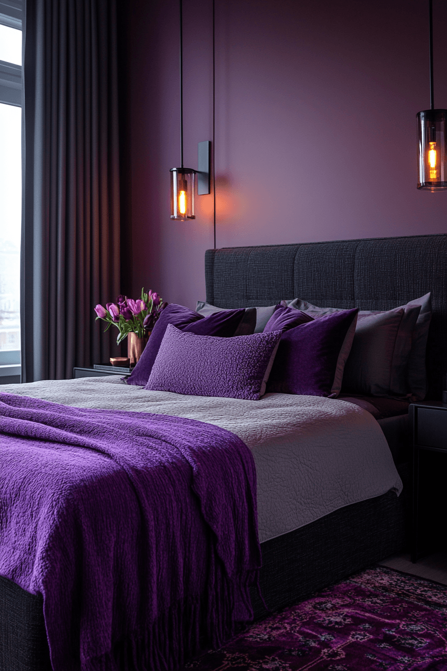Moody purple bedroom with plum tones, charcoal furniture, and metallic accents