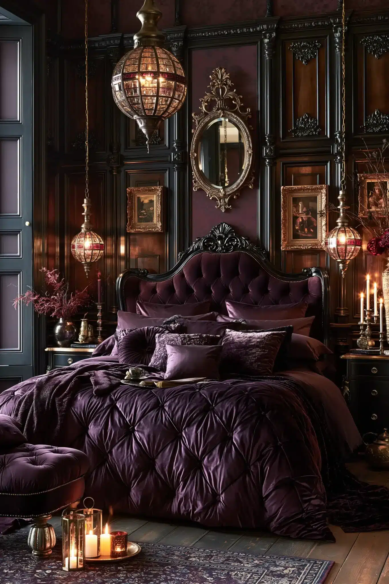 Purple gothic bedroom with plum bedding, velvet cushions, antique-inspired furniture, and soft lighting.