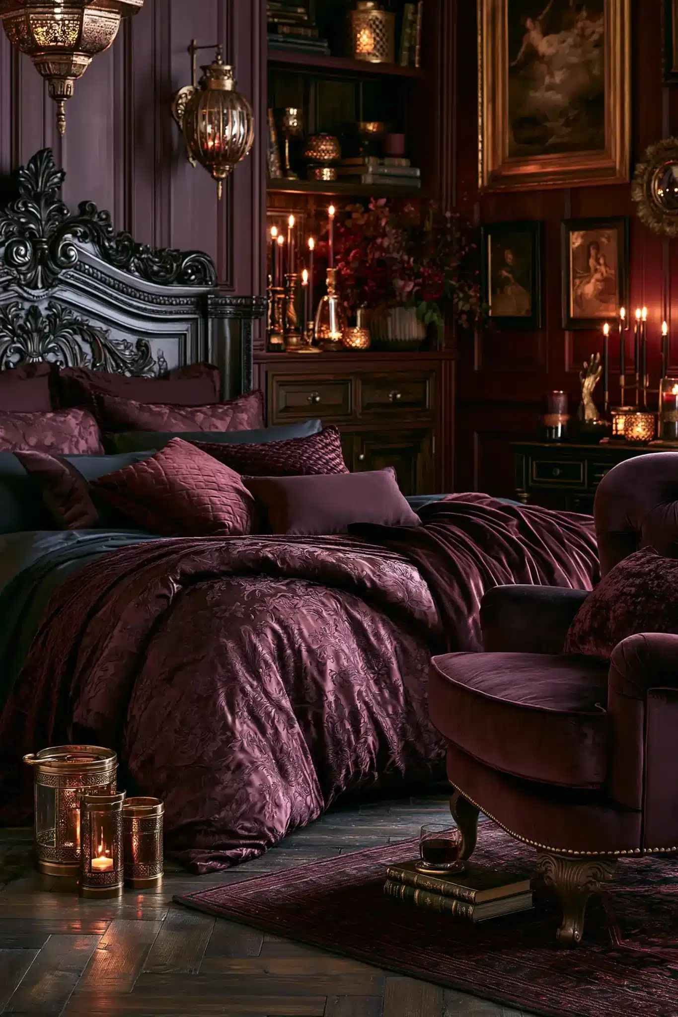 Purple gothic bedroom with plum tones, ornate furniture, rich fabrics, and warm light.