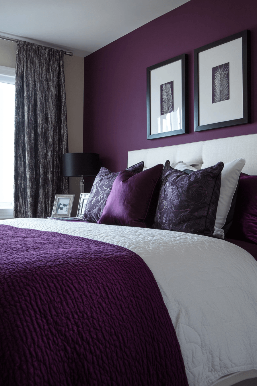 High contrast plum bedroom with black and white decor and bold styling