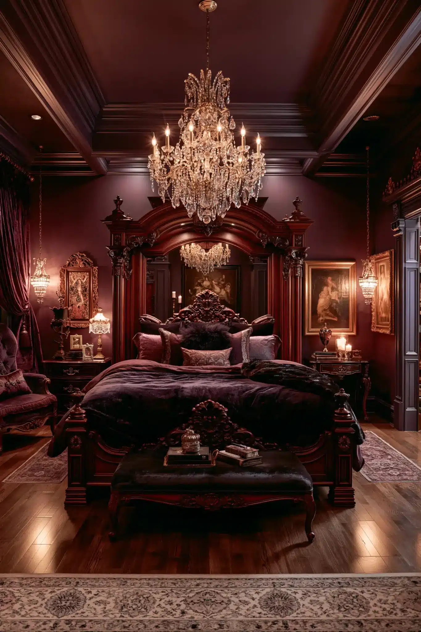 Elegant purple gothic bedroom with deep plum tones, Victorian-inspired furniture, and layered lighting.