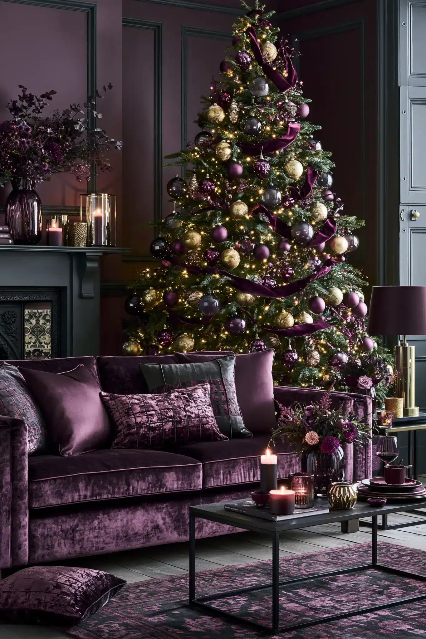 Moody Christmas decor in smoky plum, charcoal, muted gold, and evergreen accents.
