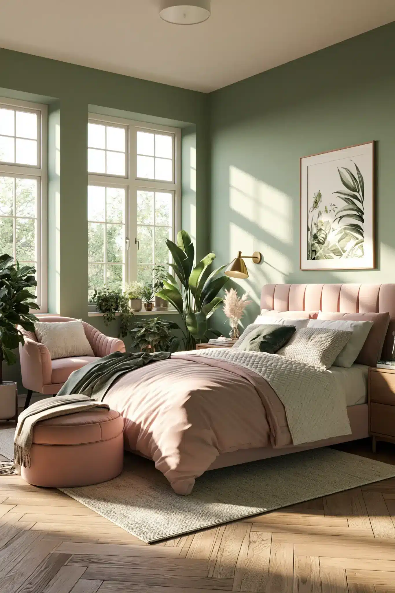 Chic sage green and blush bedroom with structured furniture, textured bedding, and greenery.