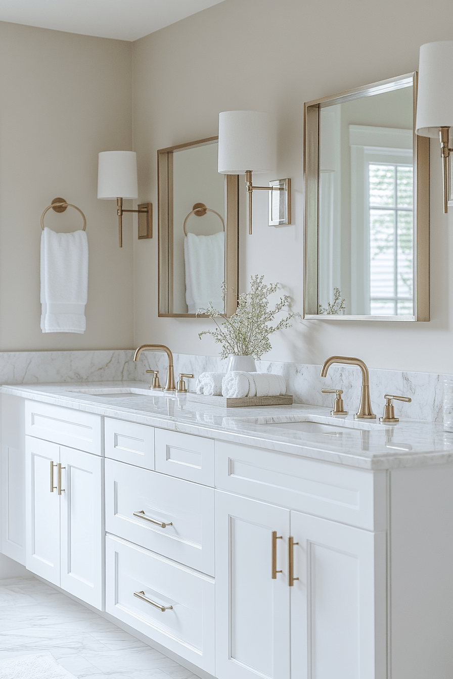 Subtle coastal luxe bathroom with marble counters, soft metallic finishes, and gentle sea tones