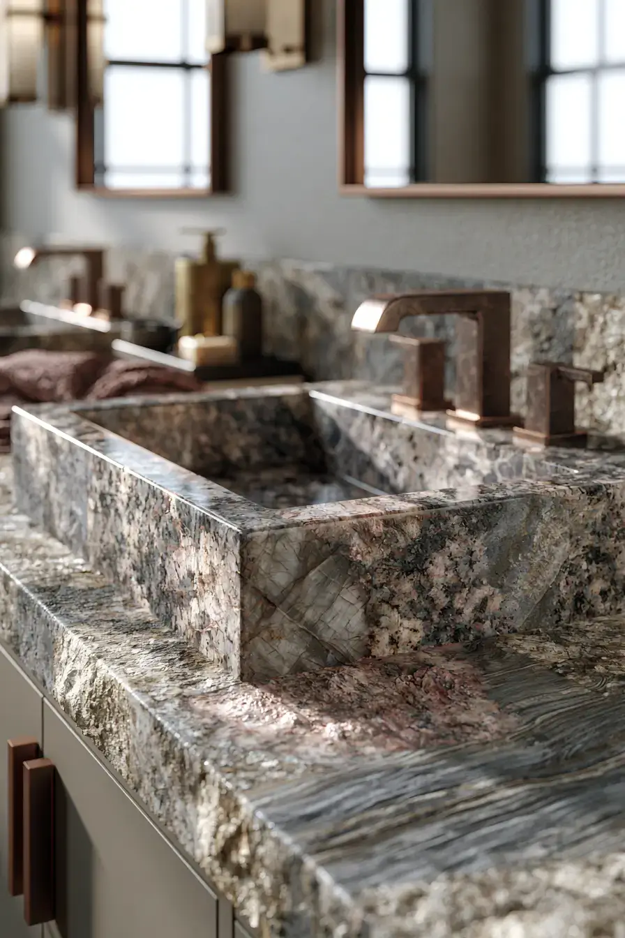 A polished granite stone sink that adds elegance to a bright bathroom