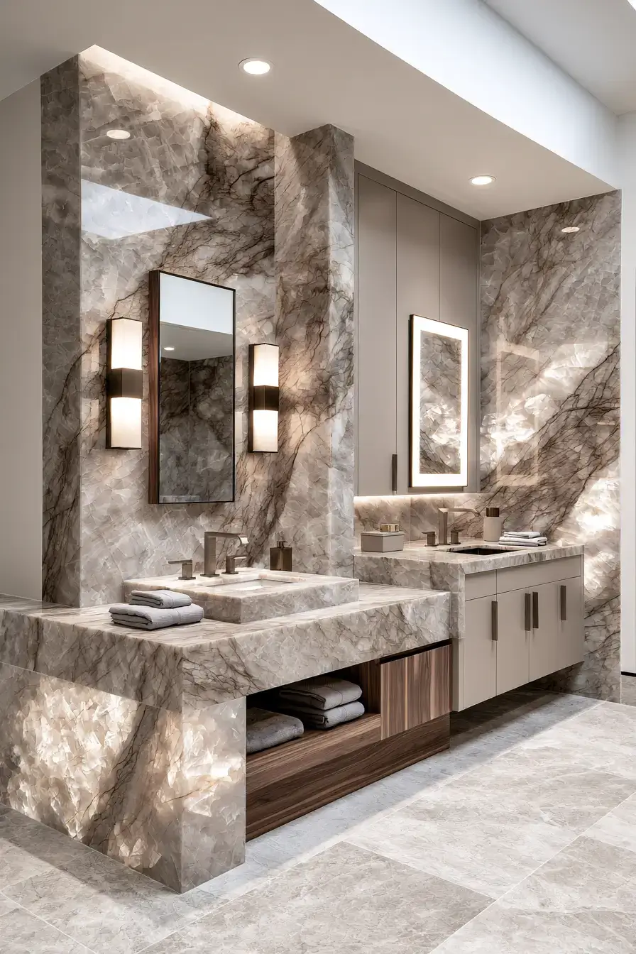 Refined quartzite bathroom with simple cabinetry and soft lighting