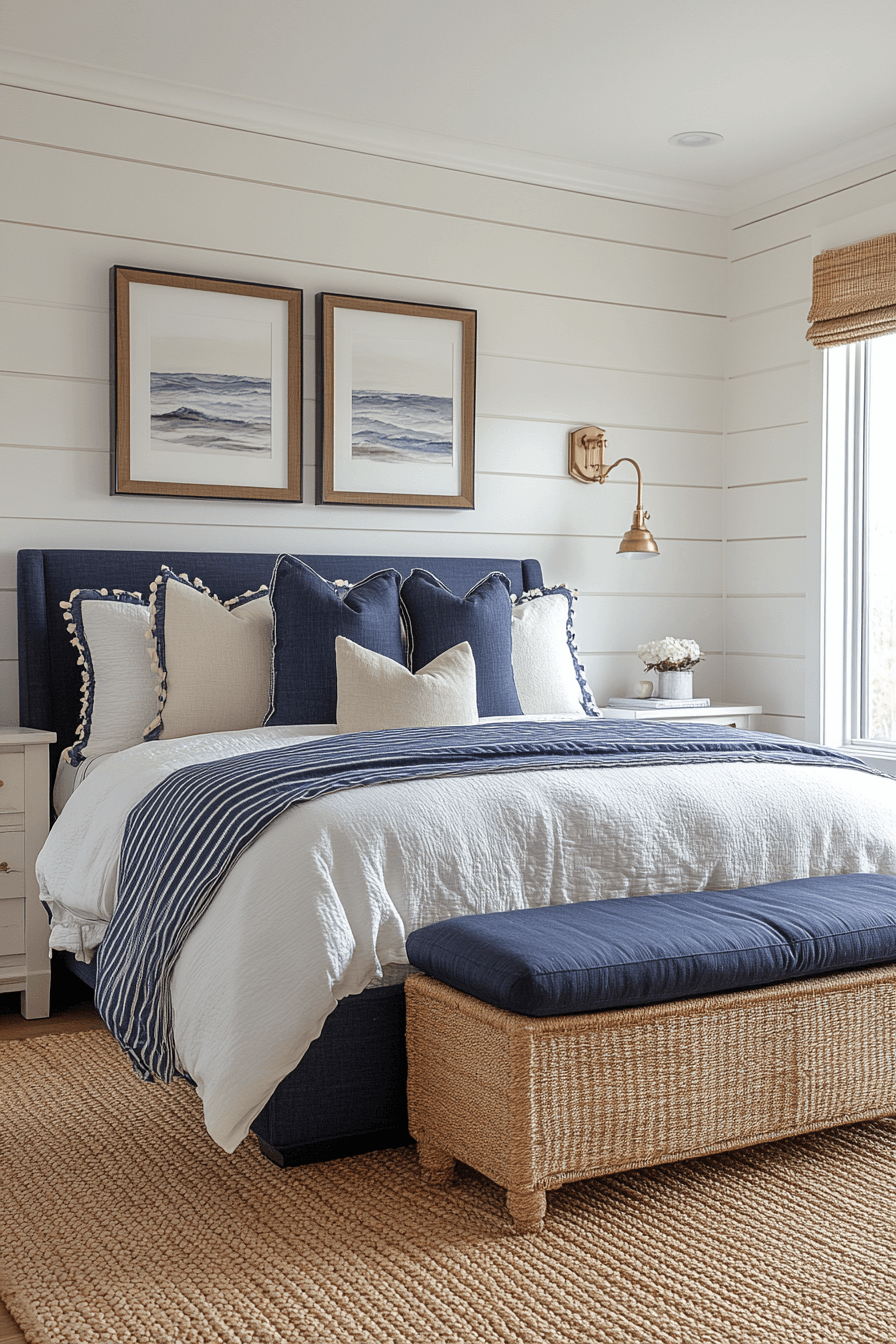 Refined coastal bedroom with navy and white stripes brass lighting and tailored furnishings