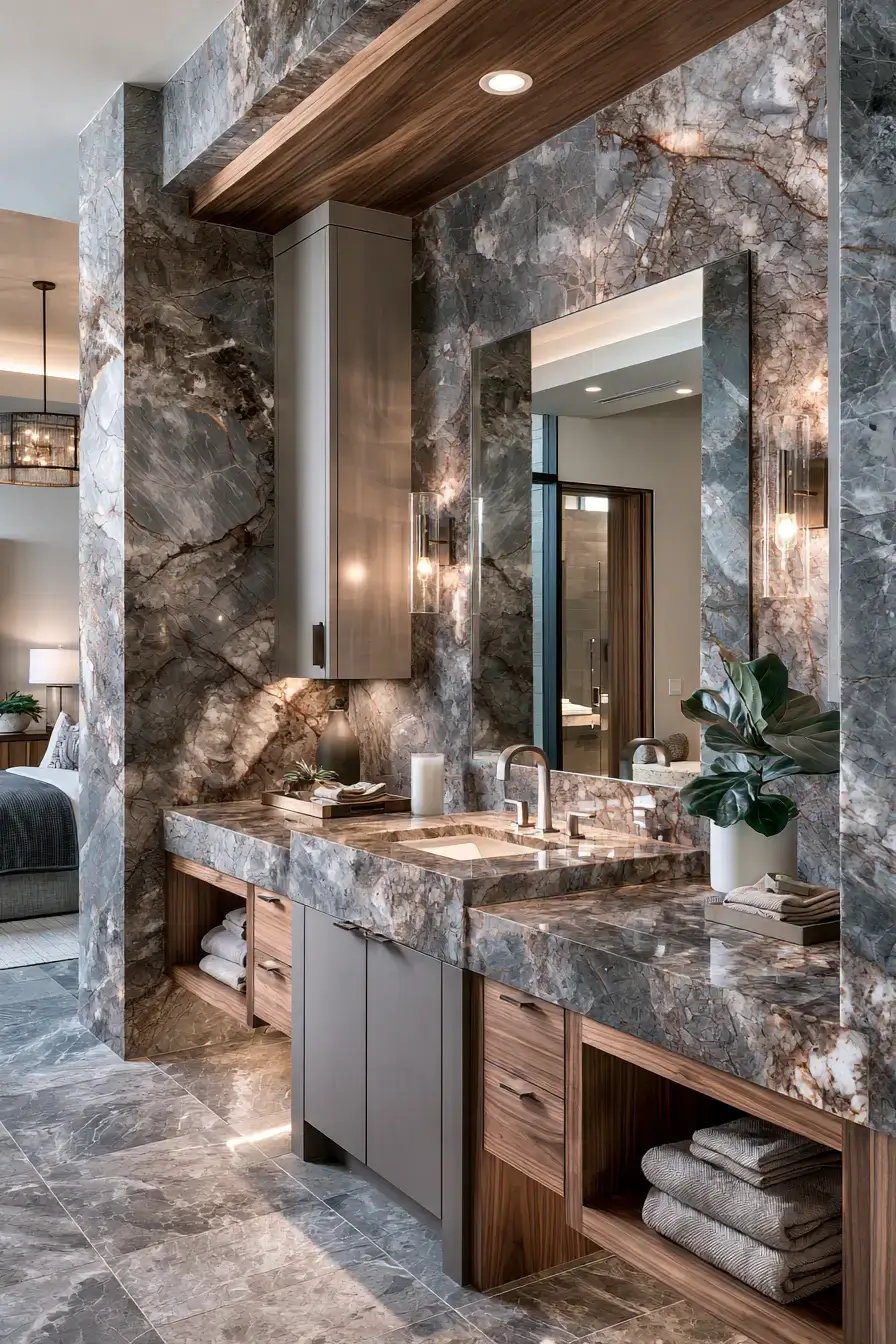 Granite bathroom with clean cabinetry and warm lighting