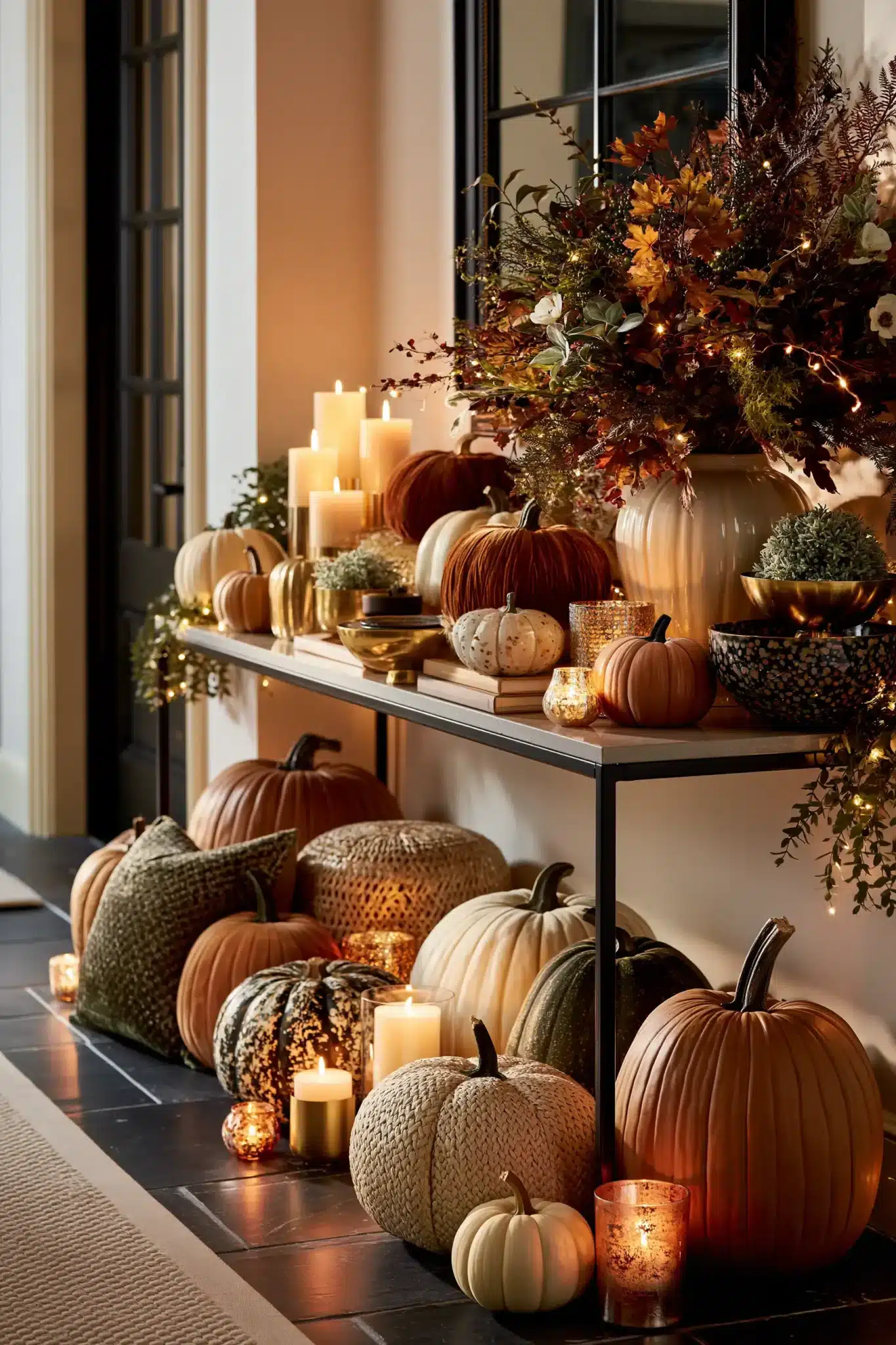 Golden pumpkin displays arranged in mixed sizes and textures with warm seasonal accents.