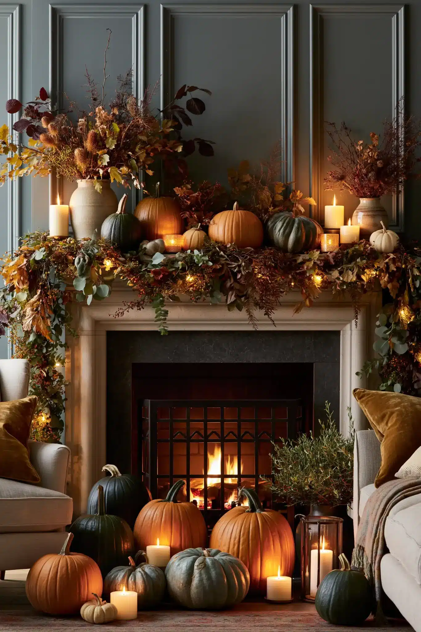 Thanksgiving mantel with pumpkins, candles, and greenery arranged in layers.