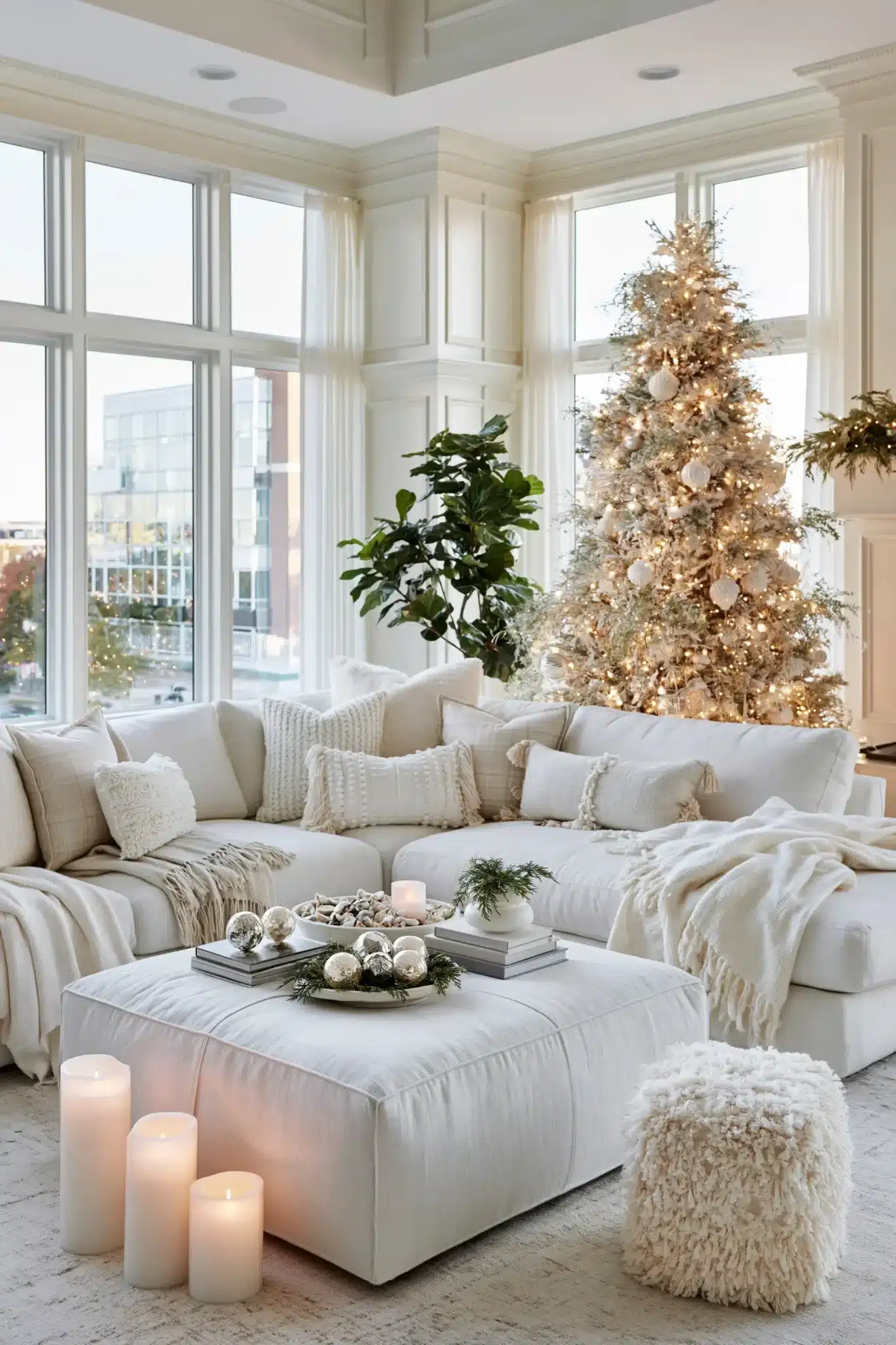 Classic all-white holiday room with elegant ornaments, soft fabrics, and sparkling lights