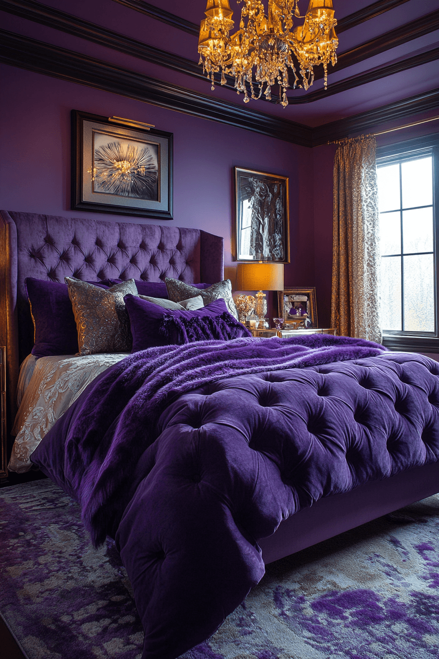 Elegant purple bedroom with gold accents, reflective decor, and rich textiles