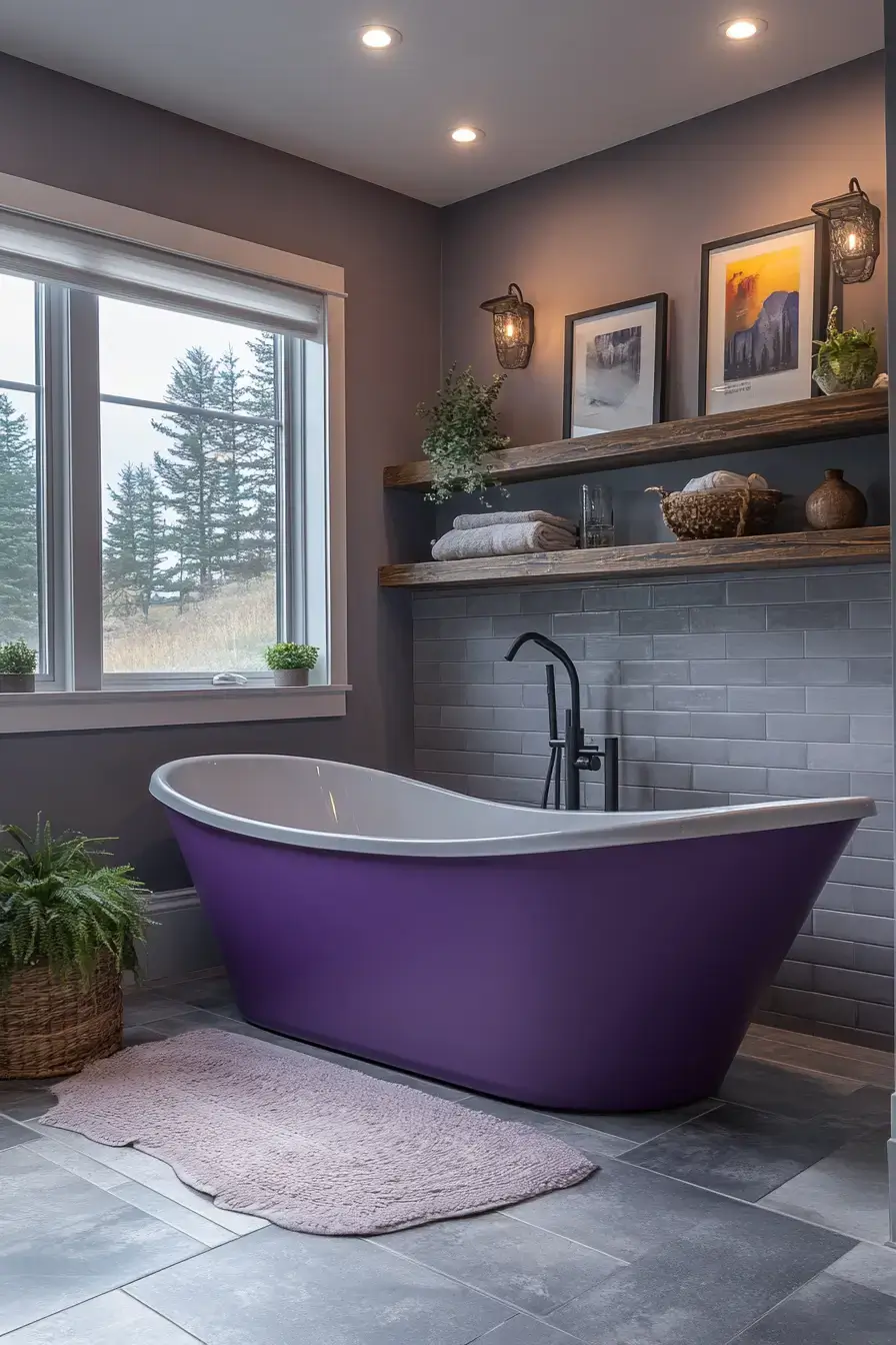 A modern bathroom combining purple and grey finishes