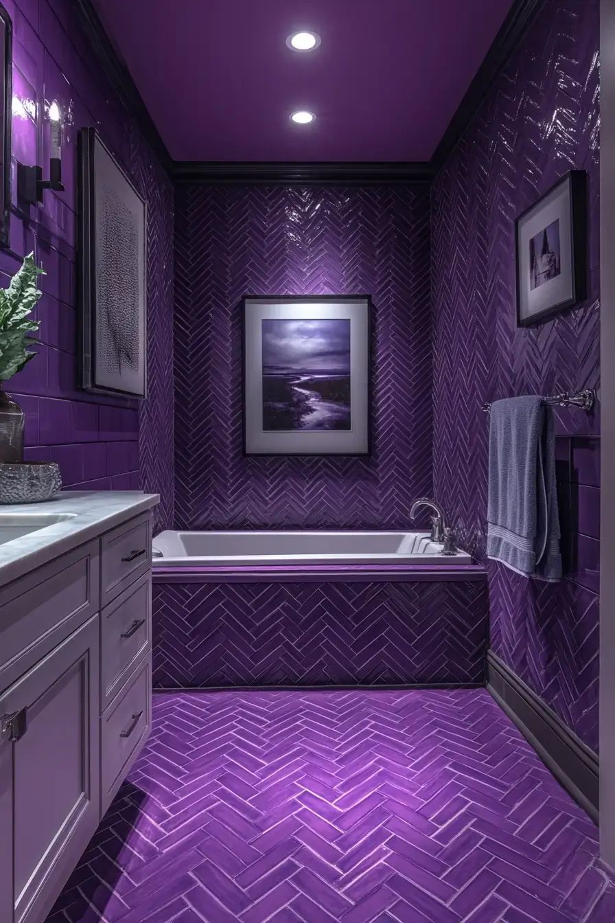 A purple bathroom with herringbone tile on the floor and shower walls