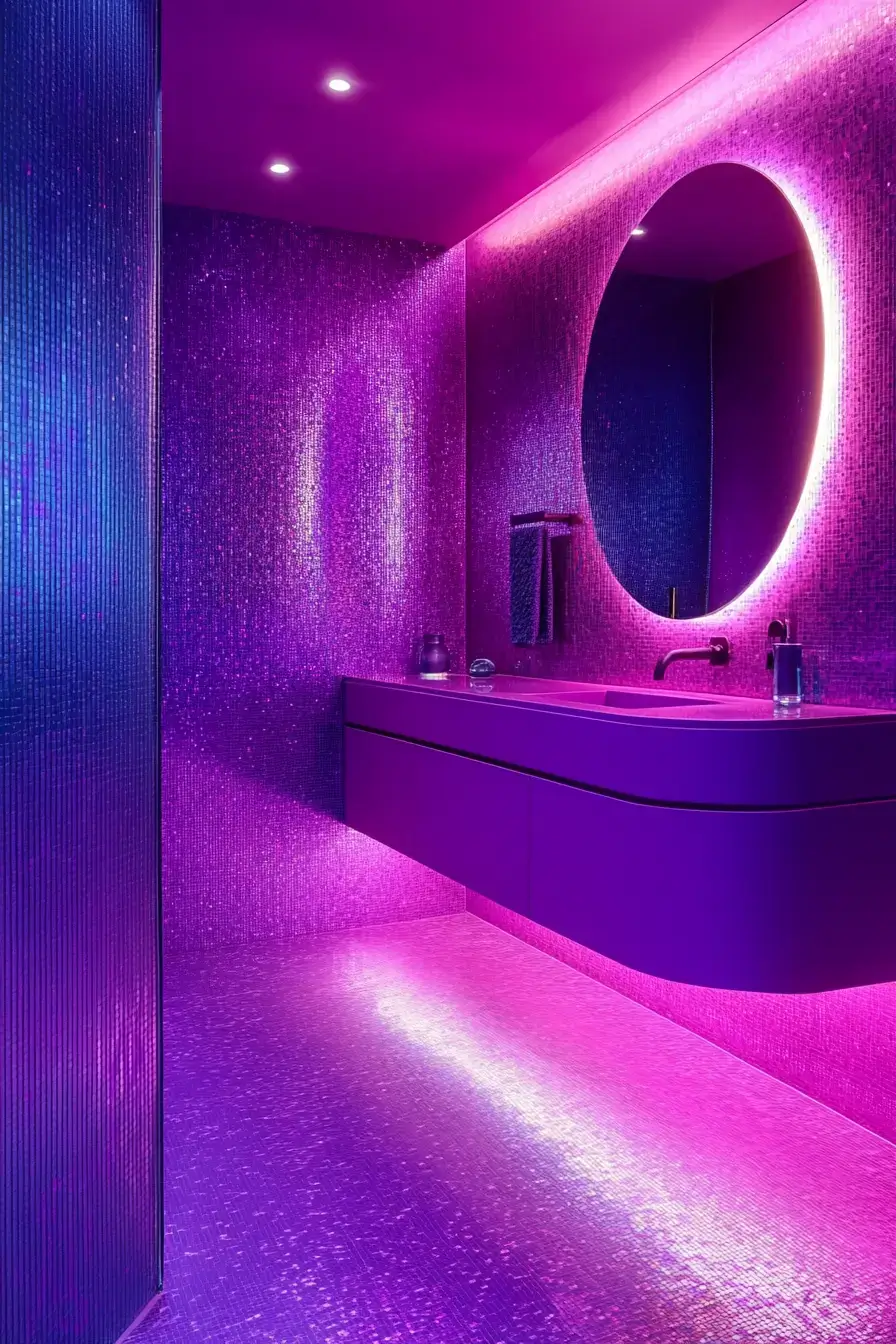A modern bathroom with purple LED lighting and a glowing mirror