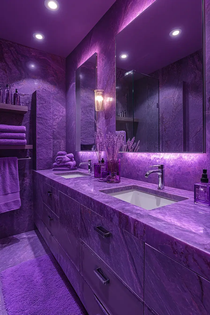 A refined bathroom with purple marble surfaces and soft gray cabinetry