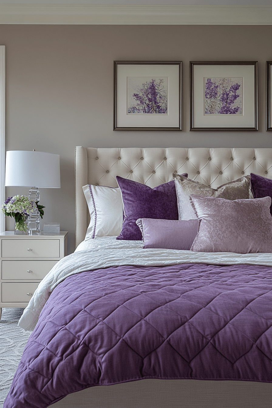 Elegant neutral bedroom with soft purple bedding and refined textures