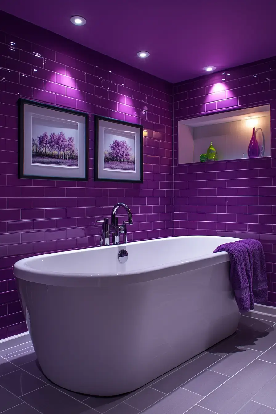 A bathroom featuring a bold purple tile statement wall