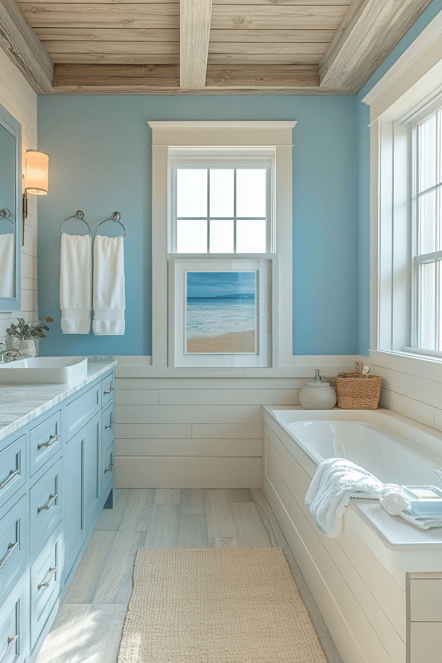 Serene beachy bathroom with gentle blue tones, warm neutrals, and soft lighting