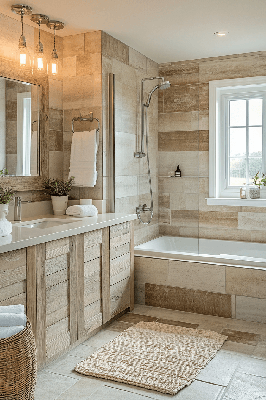 Calm coastal bathroom with neutral tones, stone tile, wood accents, and soft lighting