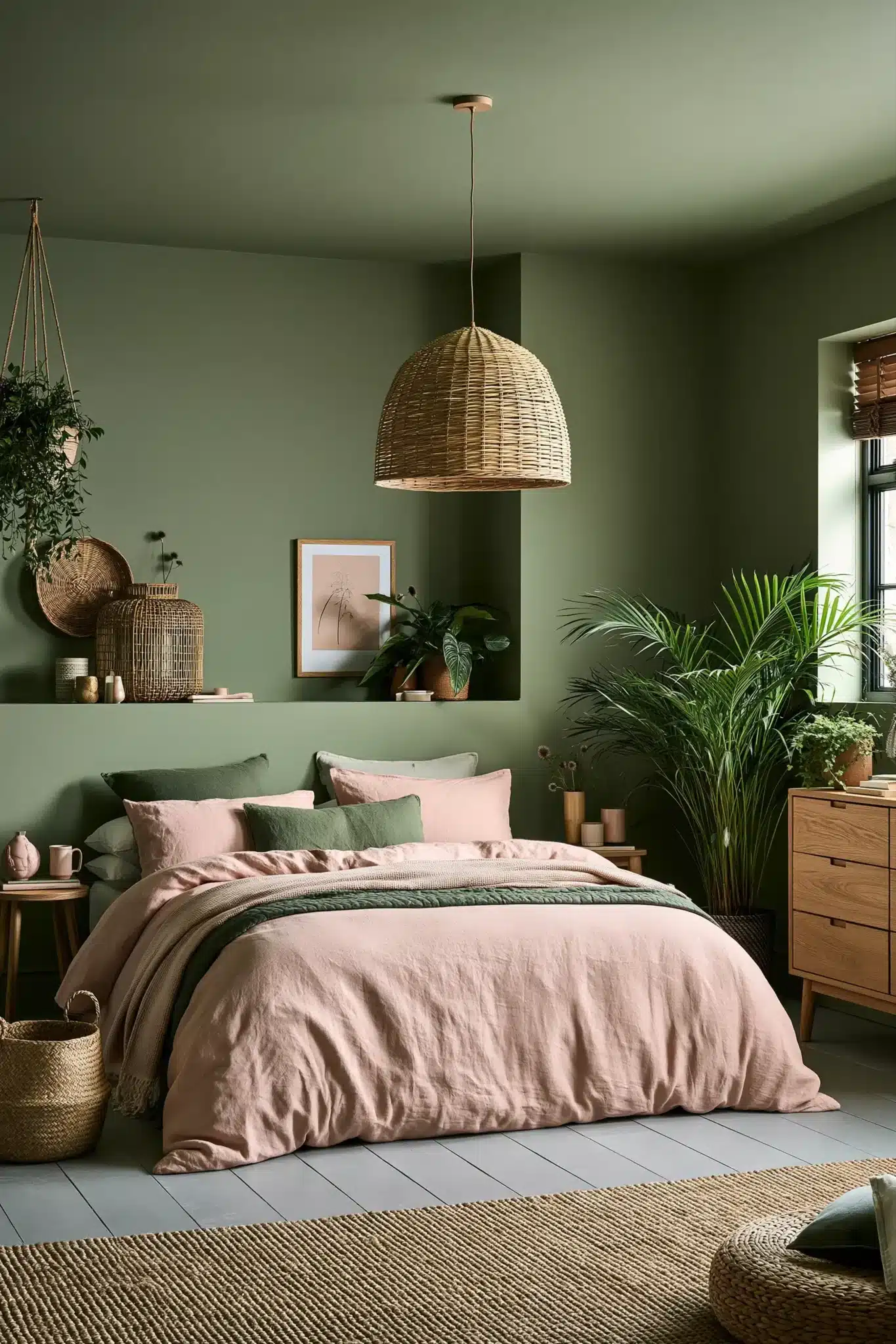 Balanced sage green and blush bedroom with layered bedding, baskets, and soft textures.