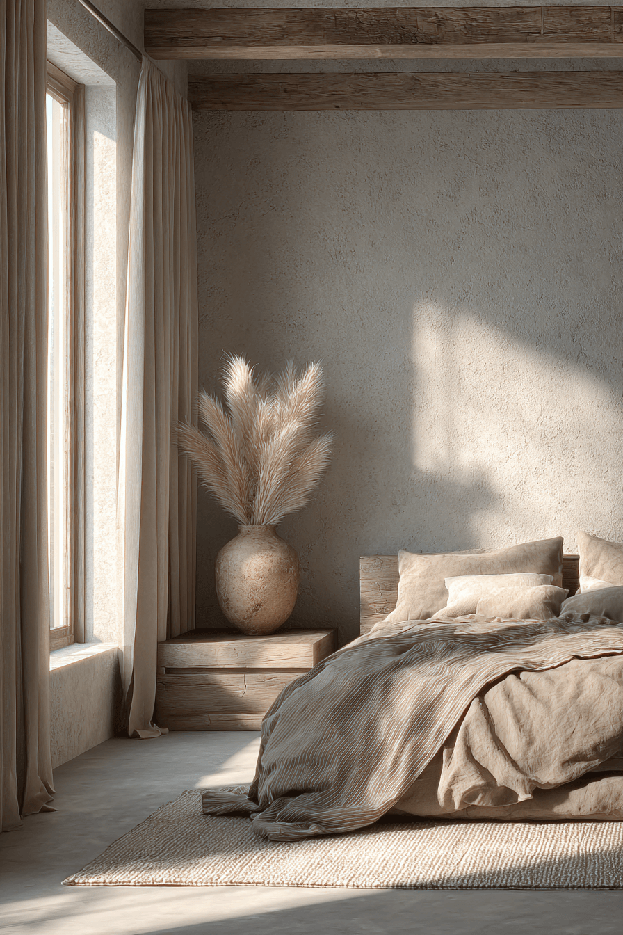 Minimal bedroom in earthy tones with linen bedding, wood furniture, and simple natural decor