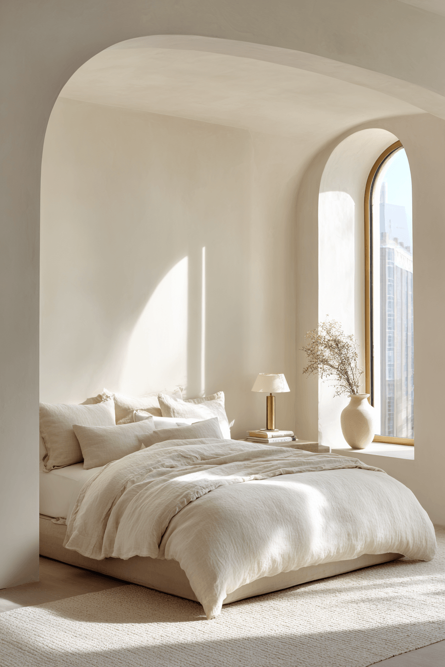 Warm minimalist bedroom with simple elegant styling and soft tones