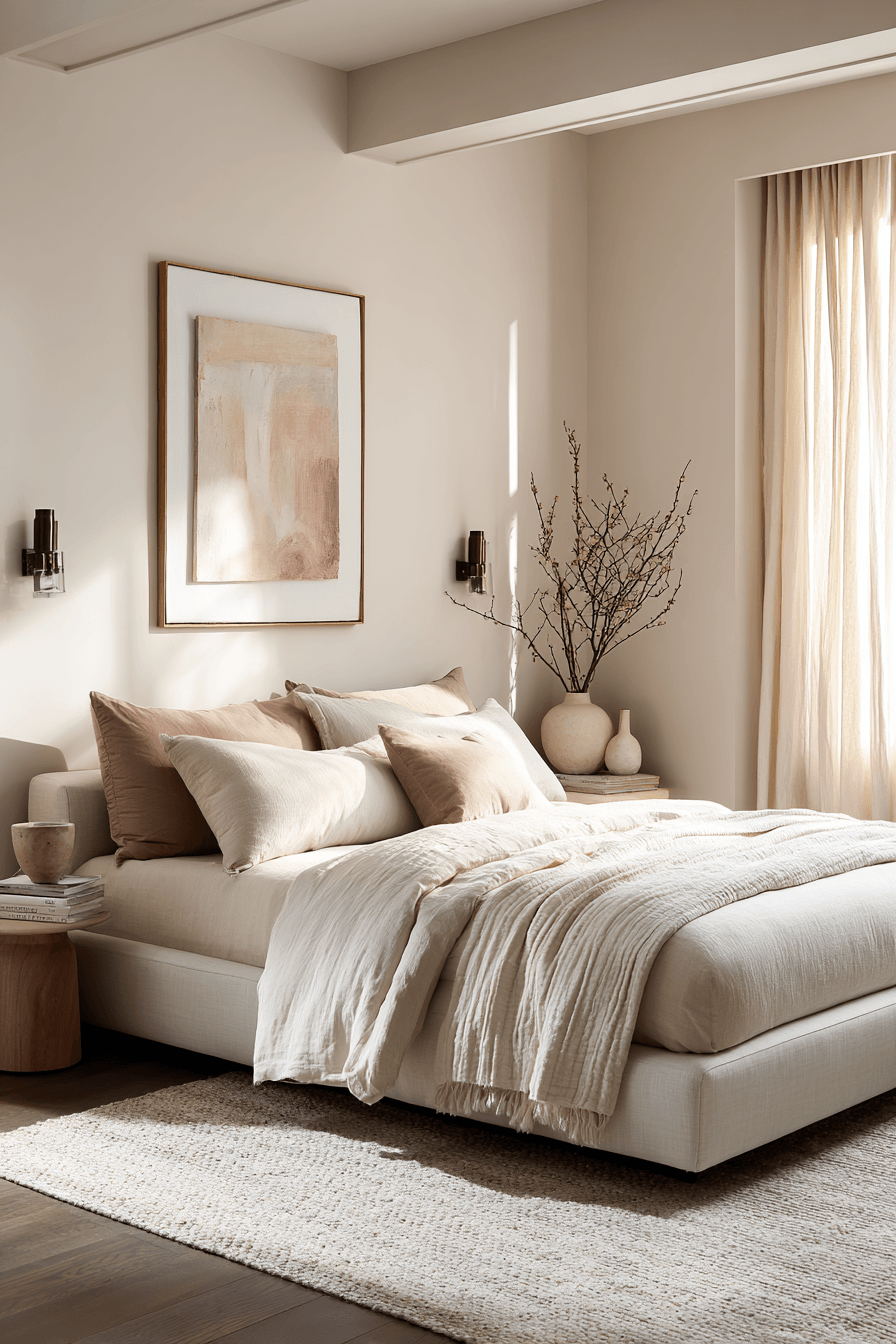Soft greige warm neutral bedroom with low bed, abstract art, and minimalist sconces