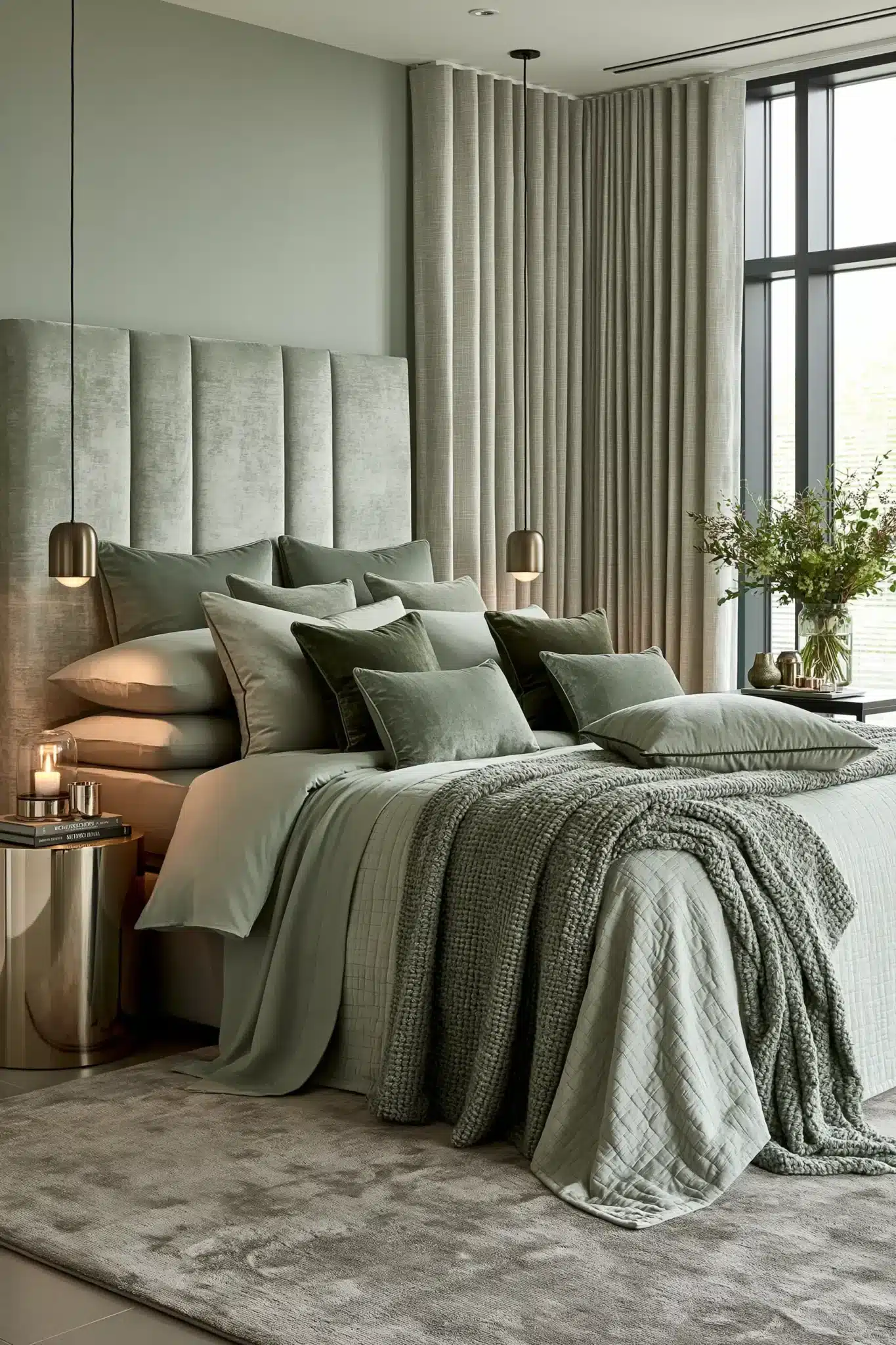 Luxurious sage green and grey bedroom with plush bedding, velvet cushions, and refined finishes
