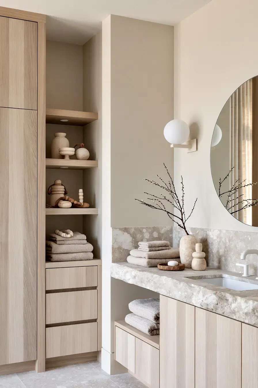 Soft Japandi bathroom designed with pale wood, neutral finishes, and warm morning light