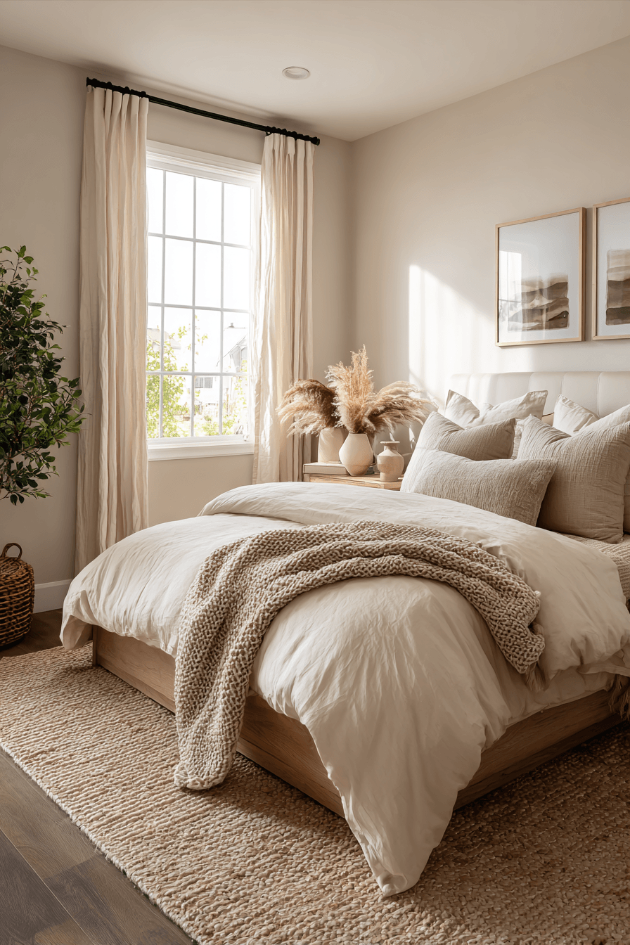 A neutral cozy bedroom with layered bedding, simple decor, and warm beige tones.
