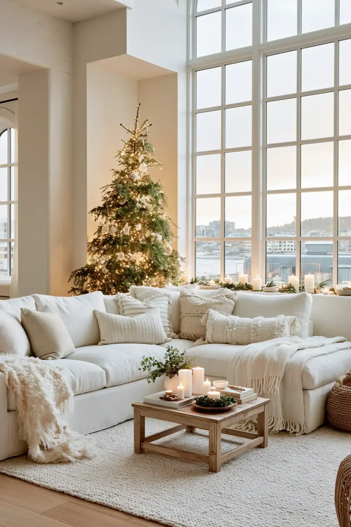 Minimal Nordic holiday styling with white Christmas decor, candles, greenery, and neutral fabrics