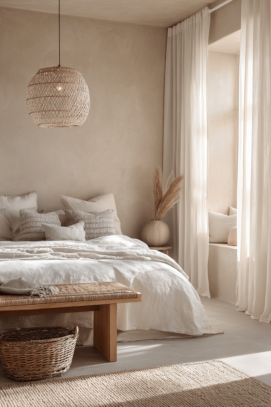 Minimal beachy bedroom with sandy tones gauzy curtains cotton throws and soft lighting